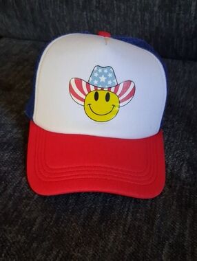 Red, White & Blue Smiley Trucker Hat - Patriotic Mesh Cap